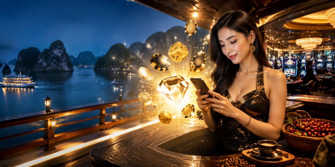 Người chơi Việt Nam thưởng thức cà phê và đăng nhập tài khoản cá cược trên điện thoại tại vịnh Hạ Long