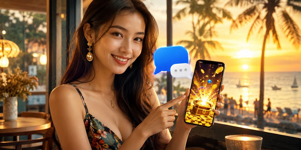 Người chơi Việt Nam thư giãn tại Phú Quốc vừa uống cà phê vừa xem FAQ c5h10 trên điện thoại